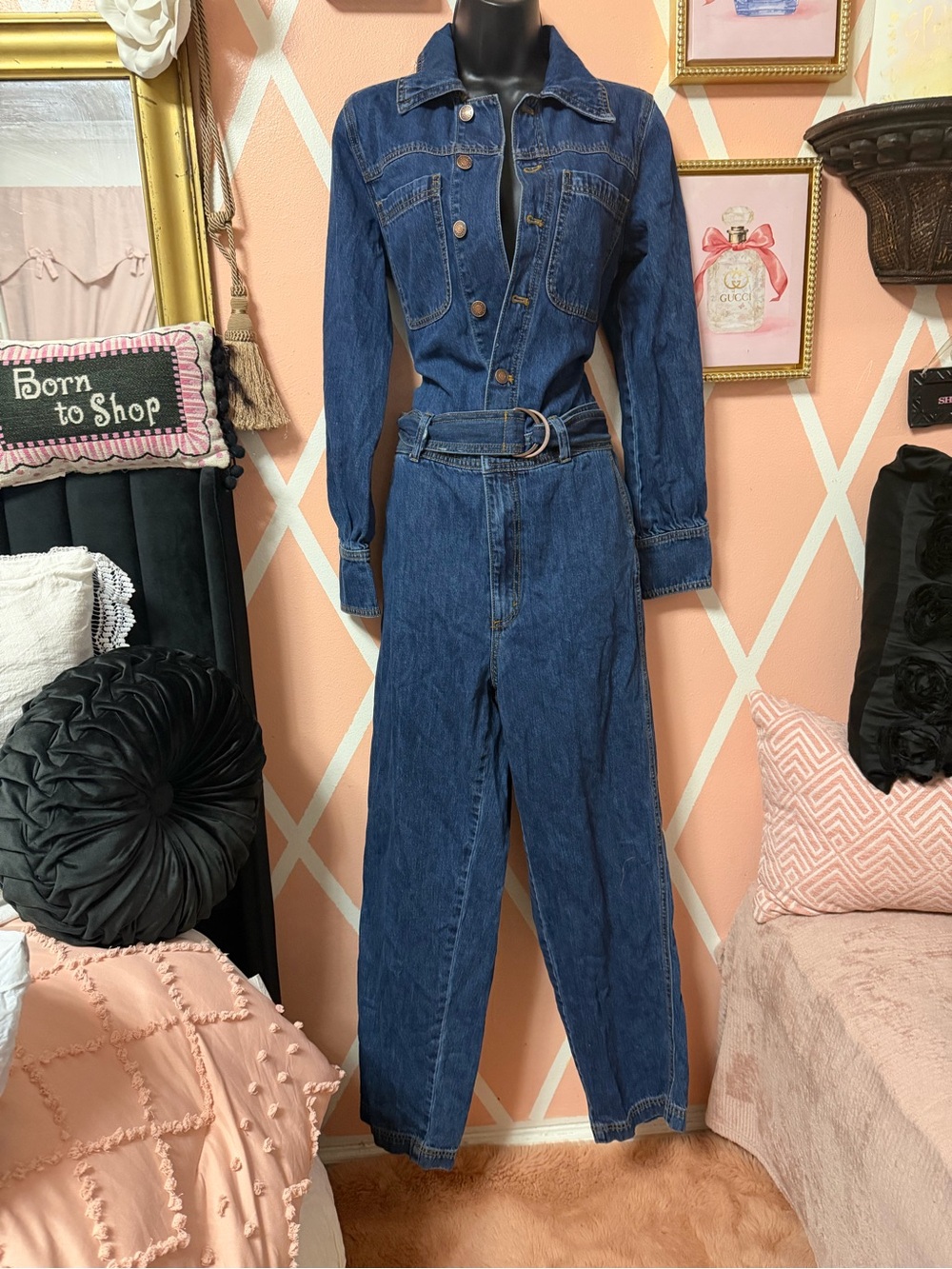 Women’s Dark Blue Denim Jumpsuit with Belt